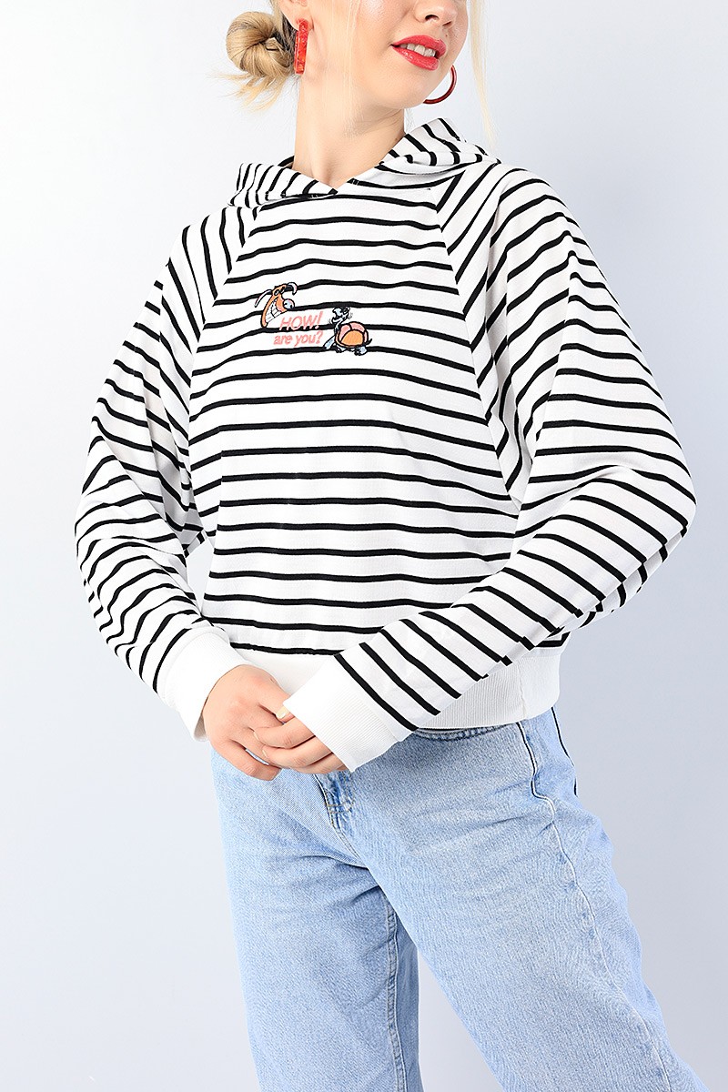 Beyaz Nakışlı Çizgili Bayan Sweat 75557