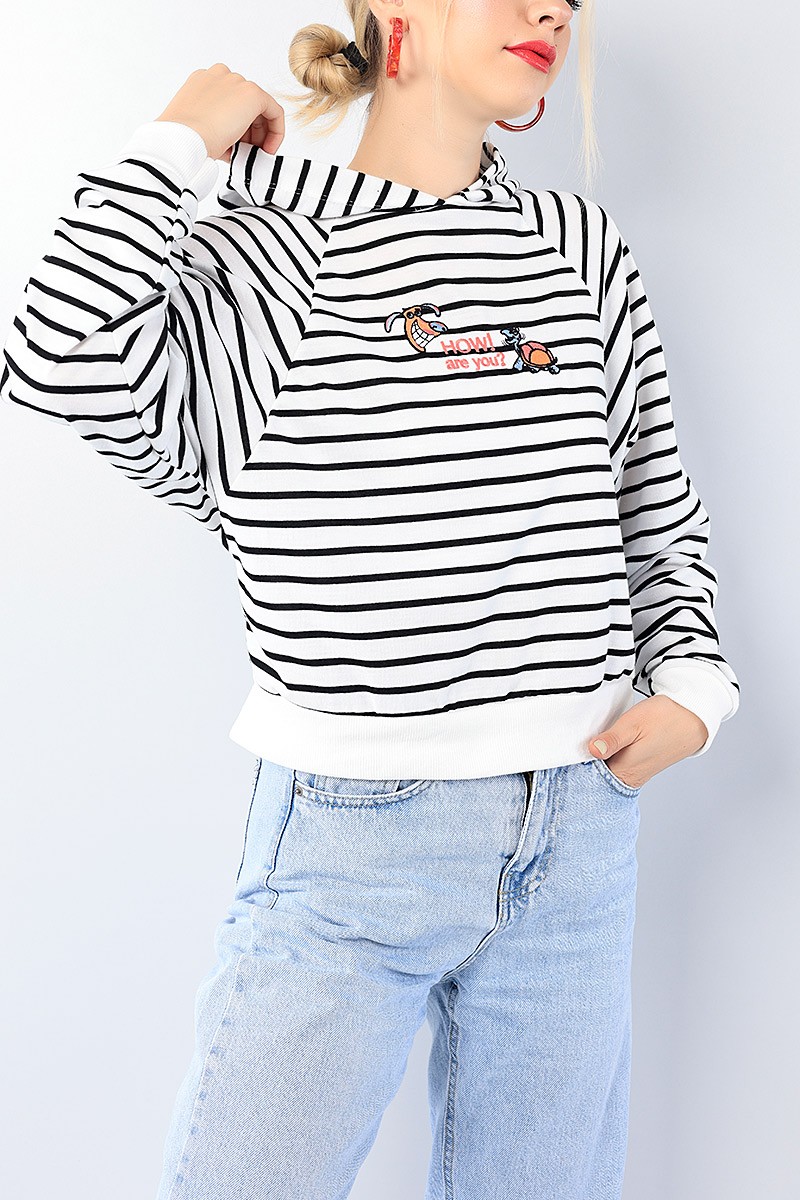 Beyaz Nakışlı Çizgili Bayan Sweat 75557