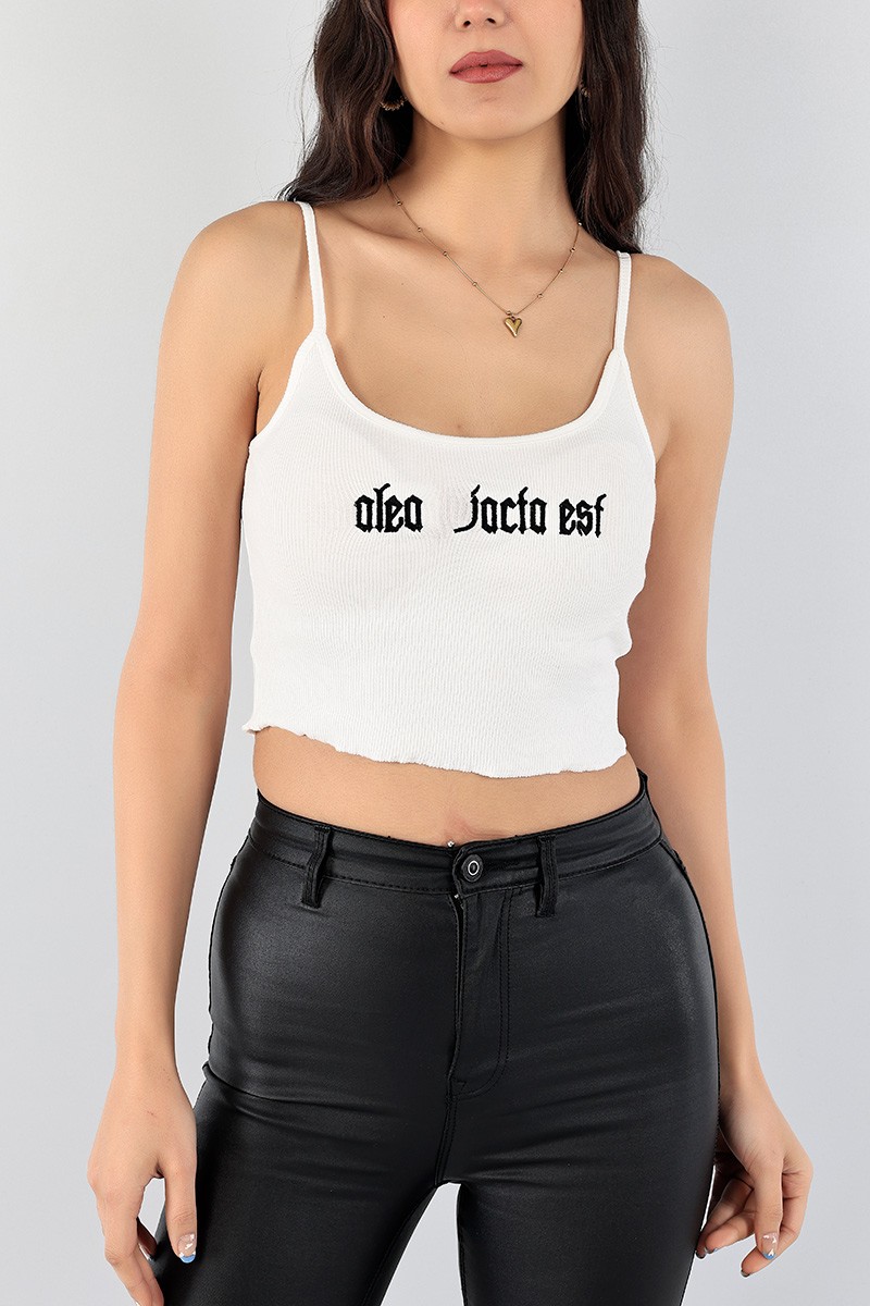 Beyaz Nakışlı Fitilli Bayan Crop 97418