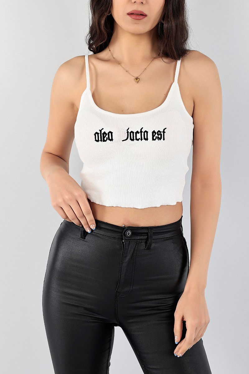 Beyaz Nakışlı Fitilli Bayan Crop 97418