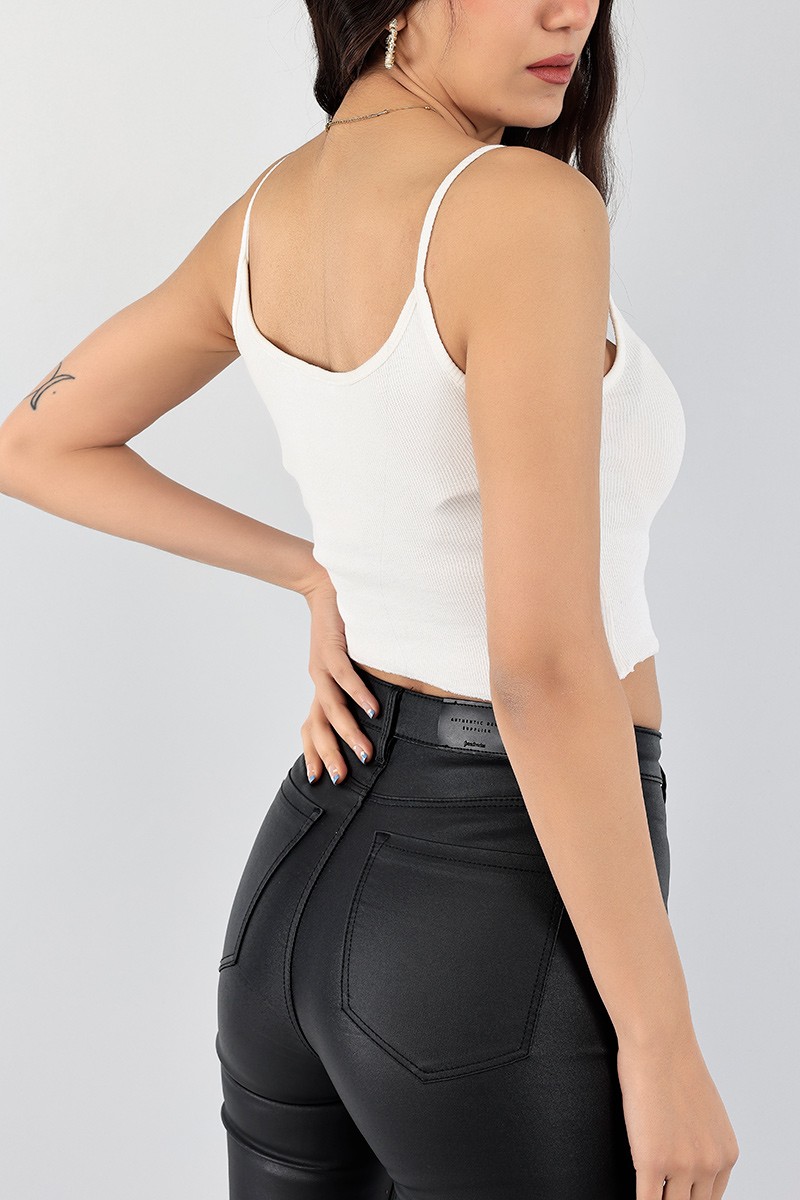 Beyaz Nakışlı Fitilli Bayan Crop 97418