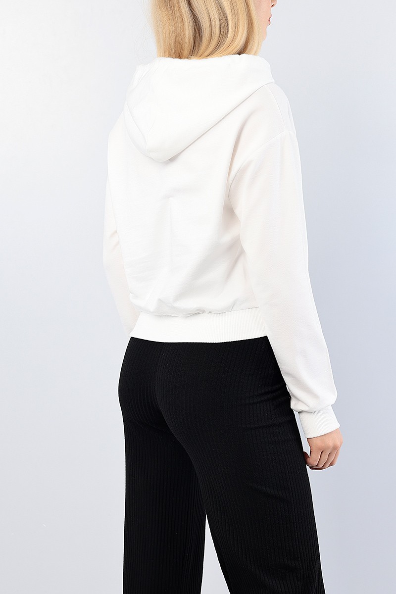 Beyaz Nakışlı Gofre Baskılı Bayan Sweat 76146