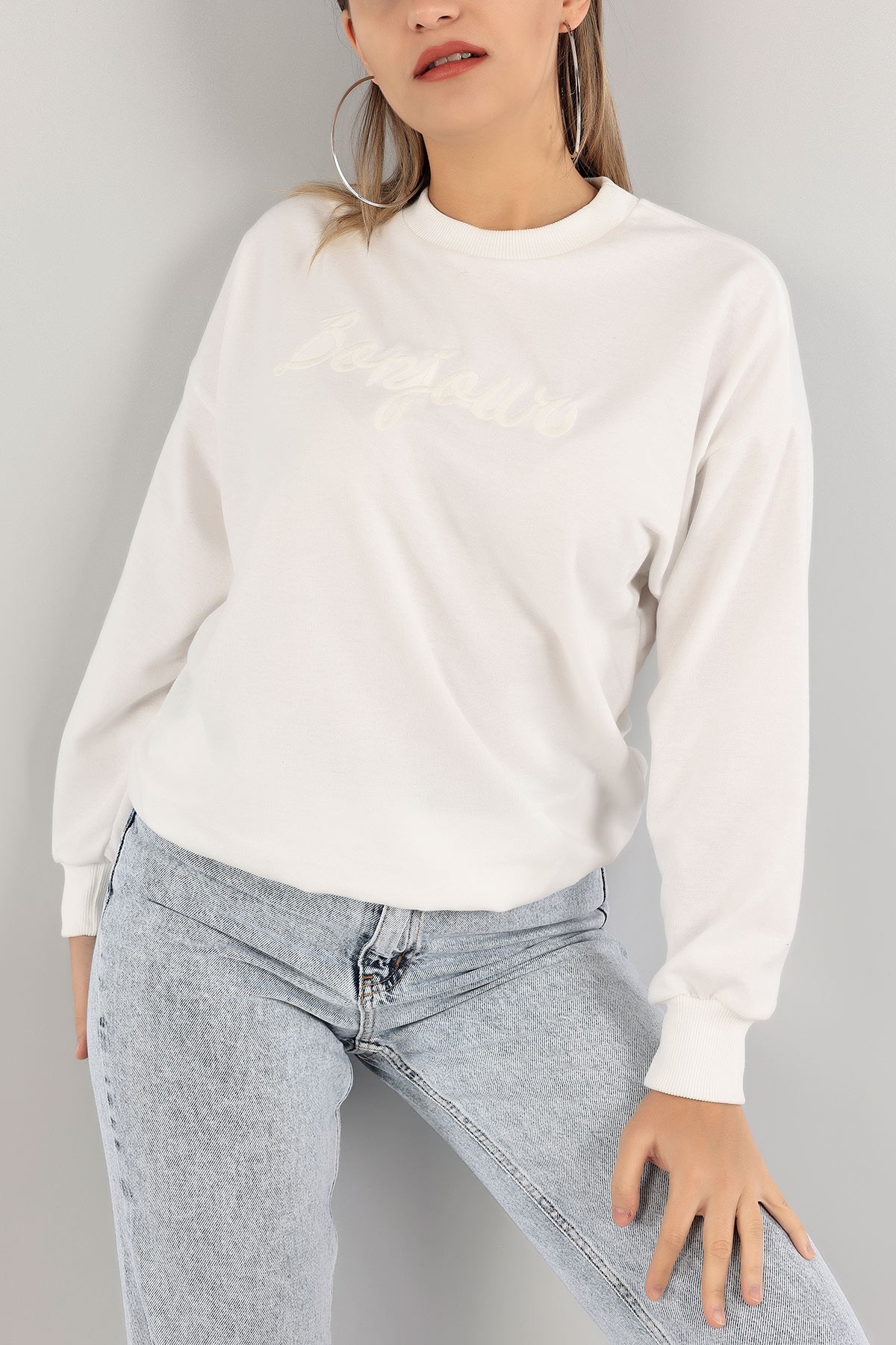 Beyaz Nakışlı İki İp Crop Sweat 141073
