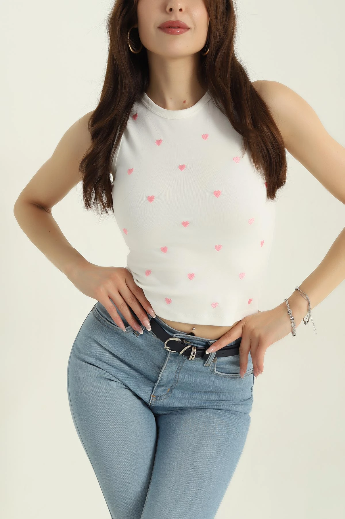 Beyaz Nakışlı Likralı İnterlok Kumaş Kadın Atlet 373920