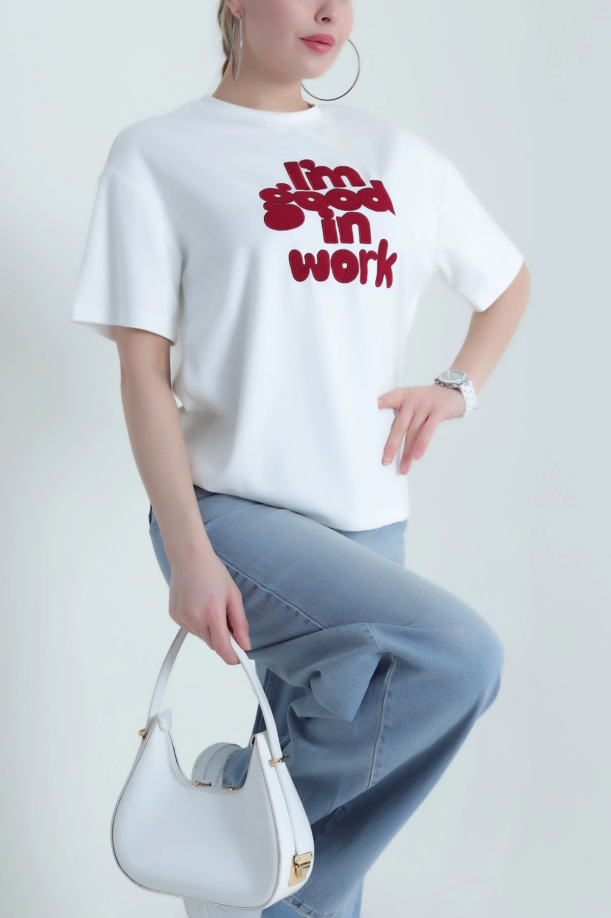 Beyaz Nakışlı Modal Kadın Tişört 438263