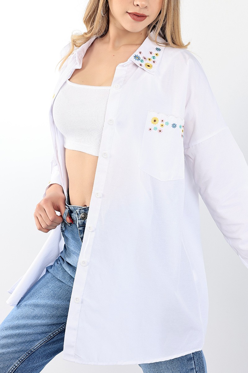 Beyaz Nakışlı Poplin Gömlek Tunik 96455