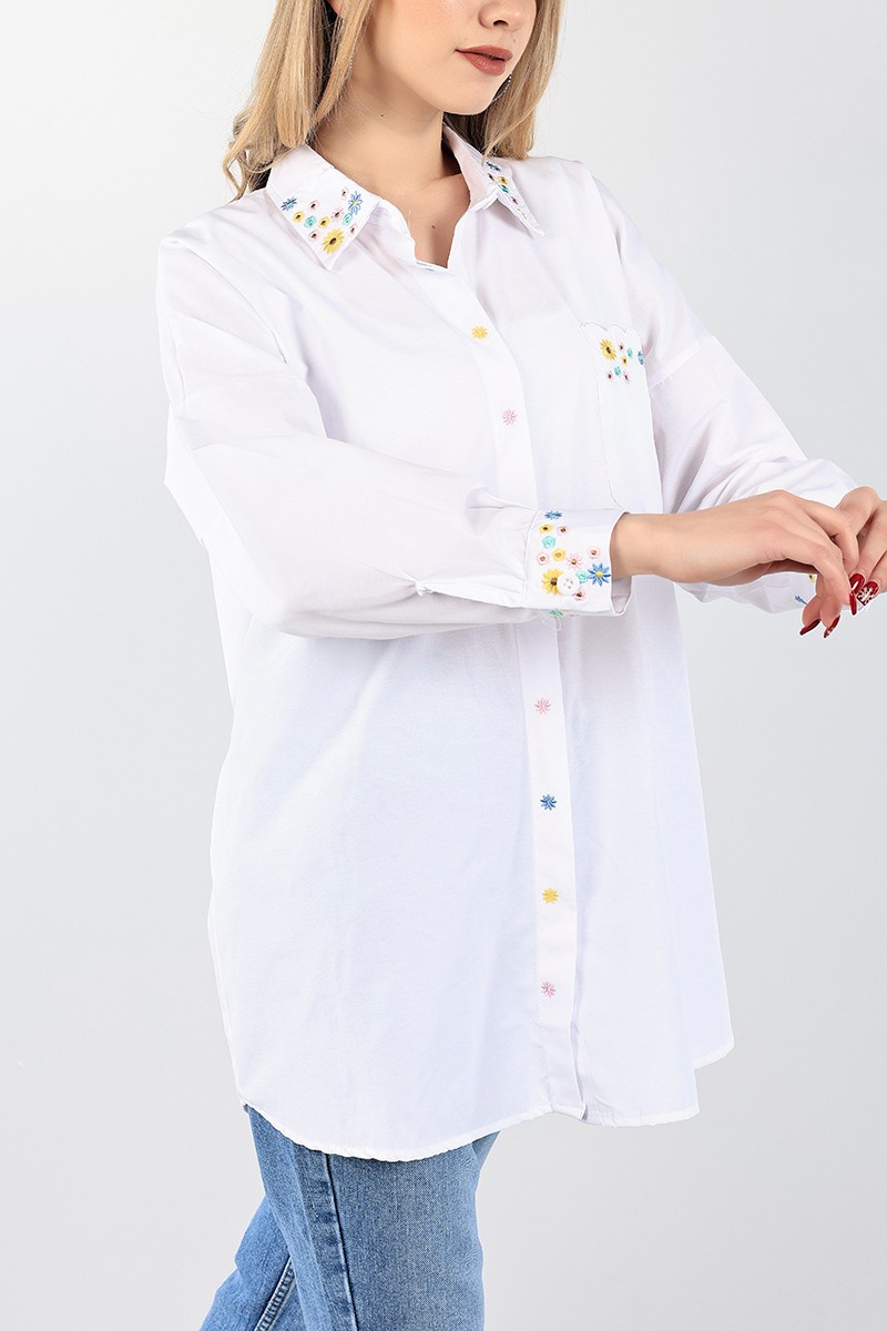 Beyaz Nakışlı Poplin Gömlek Tunik 96455