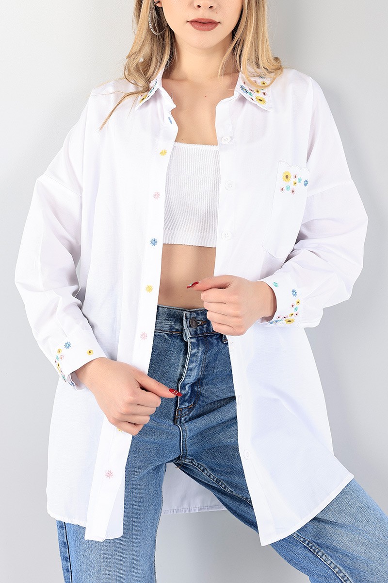 Beyaz Nakışlı Poplin Gömlek Tunik 96455