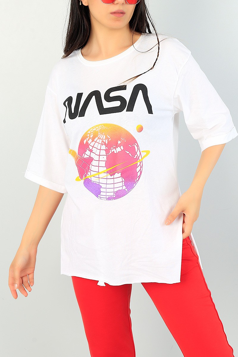 Beyaz Nasa Baskı Bayan Tişört 70474