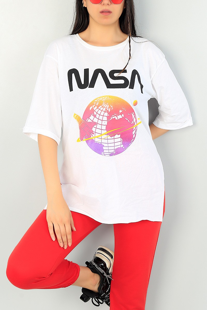Beyaz Nasa Baskı Bayan Tişört 70474