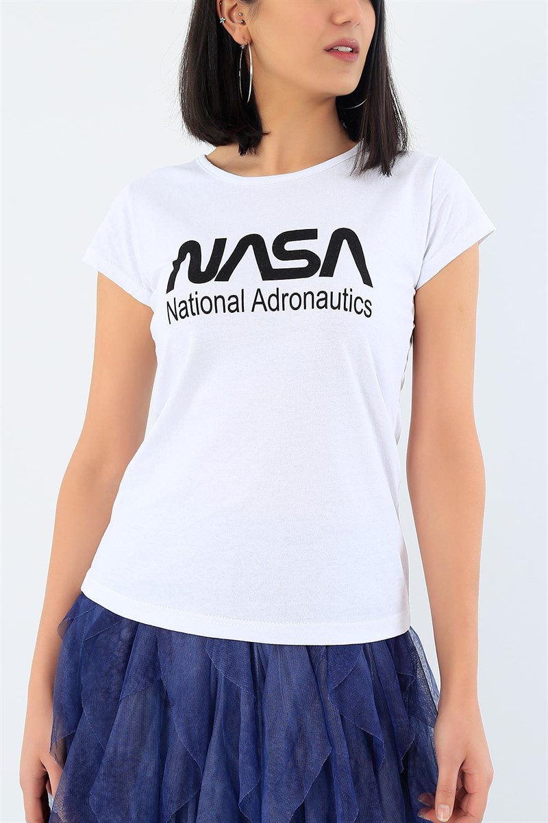 Beyaz Nasa Baskılı Bayan Tişört 28426B