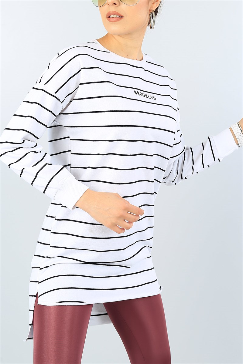 Beyaz Önü Kısa Çizgili Sweat Tunik 39855