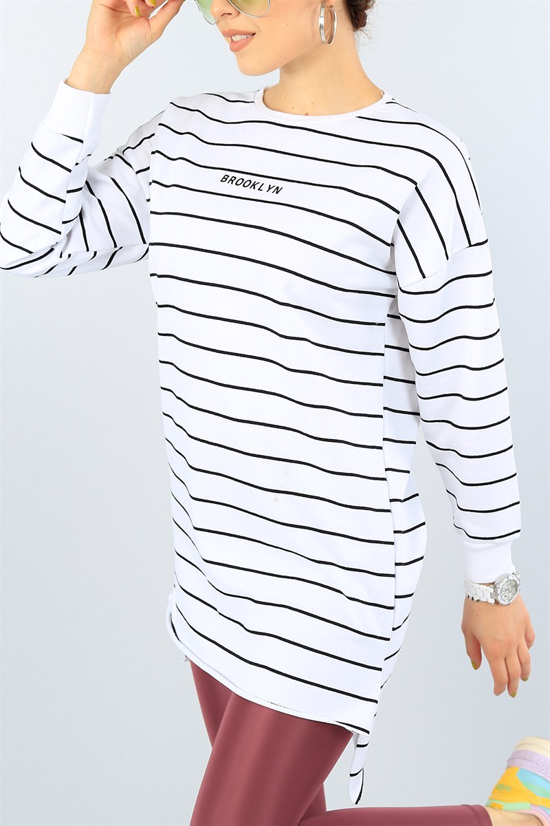Beyaz Önü Kısa Çizgili Sweat Tunik 39855