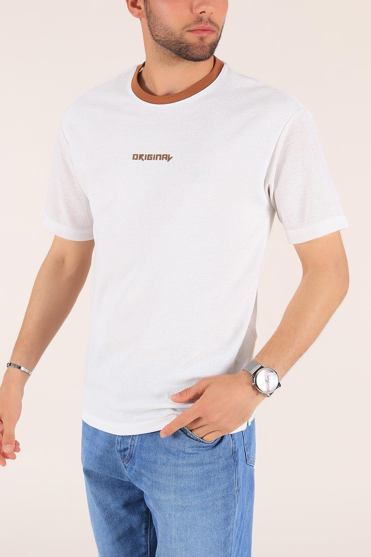 Beyaz Orıgınal Baskılı Dokulu Oversize Erkek Tişört 177475