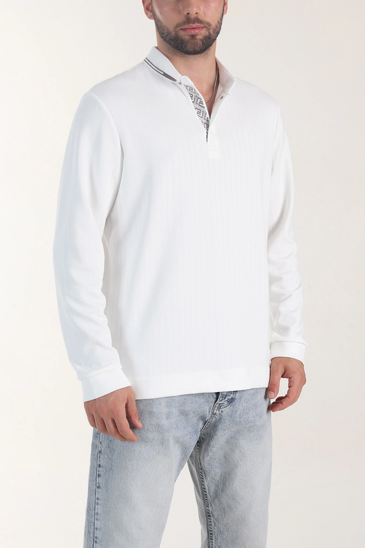 Beyaz Osyho Kumaş Çizgili Polo Yaka Erkek Sweatshirt 406061
