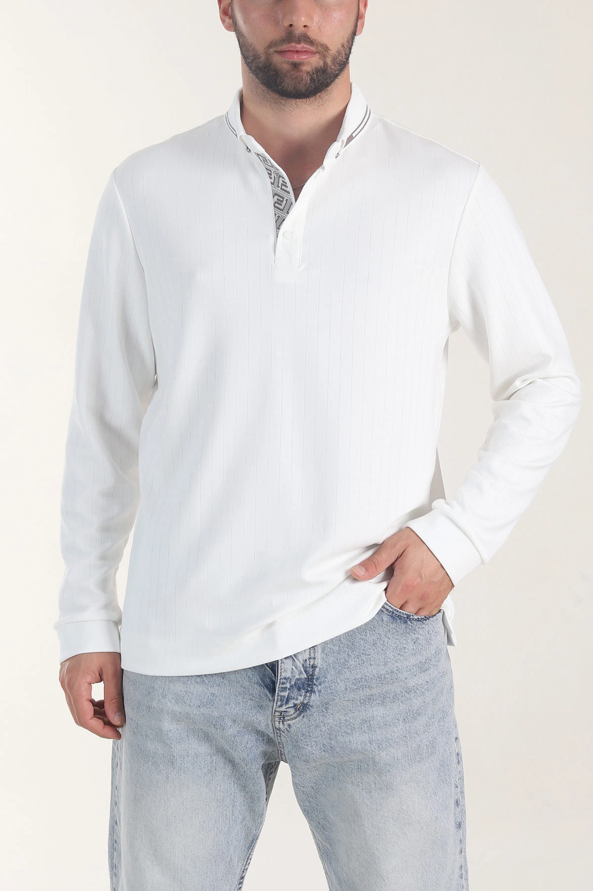 Beyaz Osyho Kumaş Çizgili Polo Yaka Erkek Sweatshirt 406061