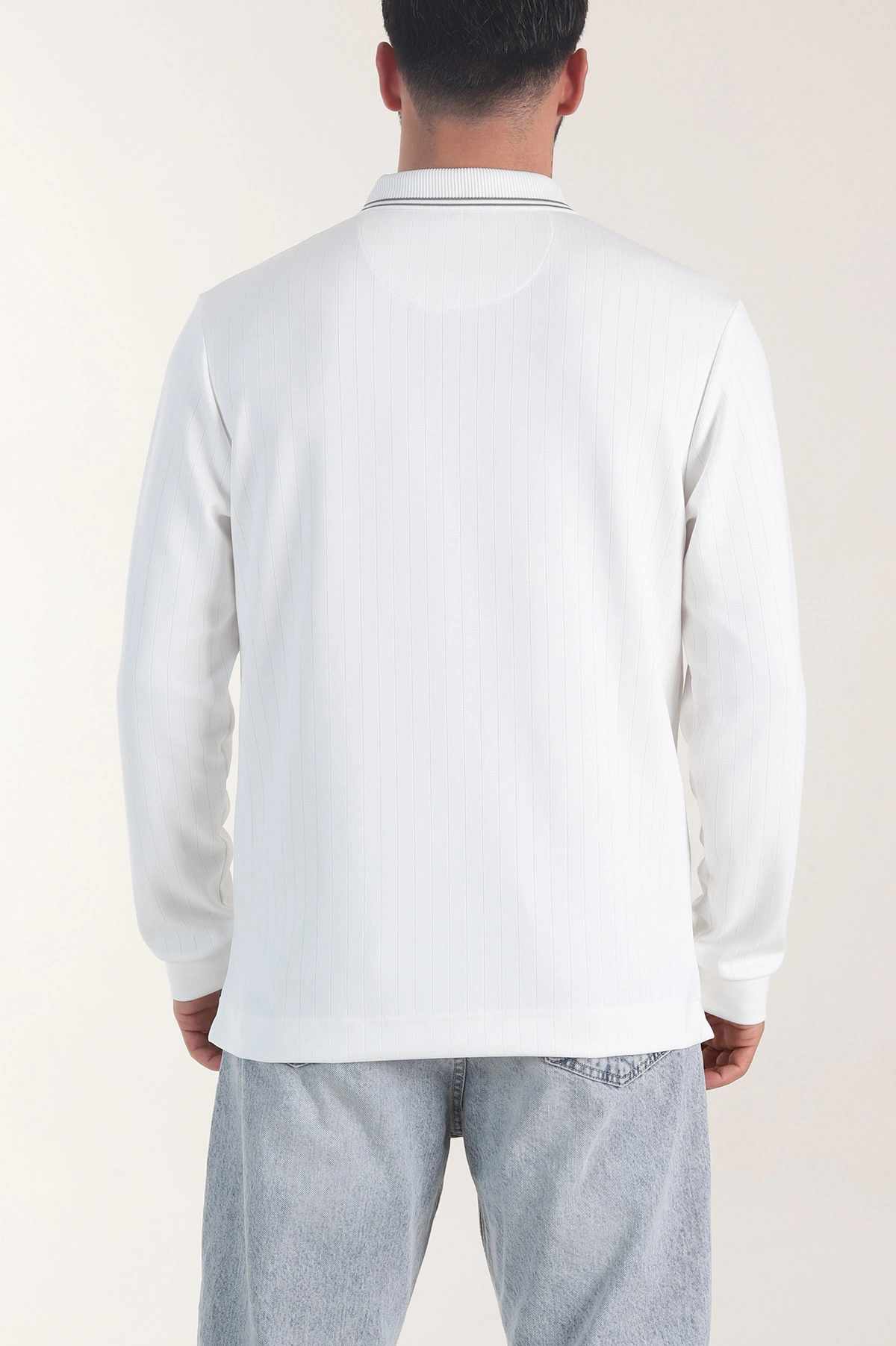 Beyaz Osyho Kumaş Çizgili Polo Yaka Erkek Sweatshirt 406061