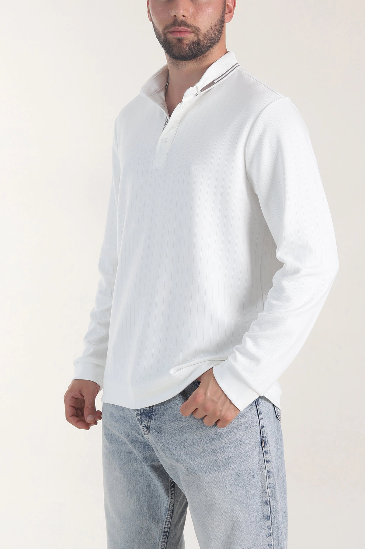 Beyaz Osyho Kumaş Çizgili Polo Yaka Erkek Sweatshirt 406061