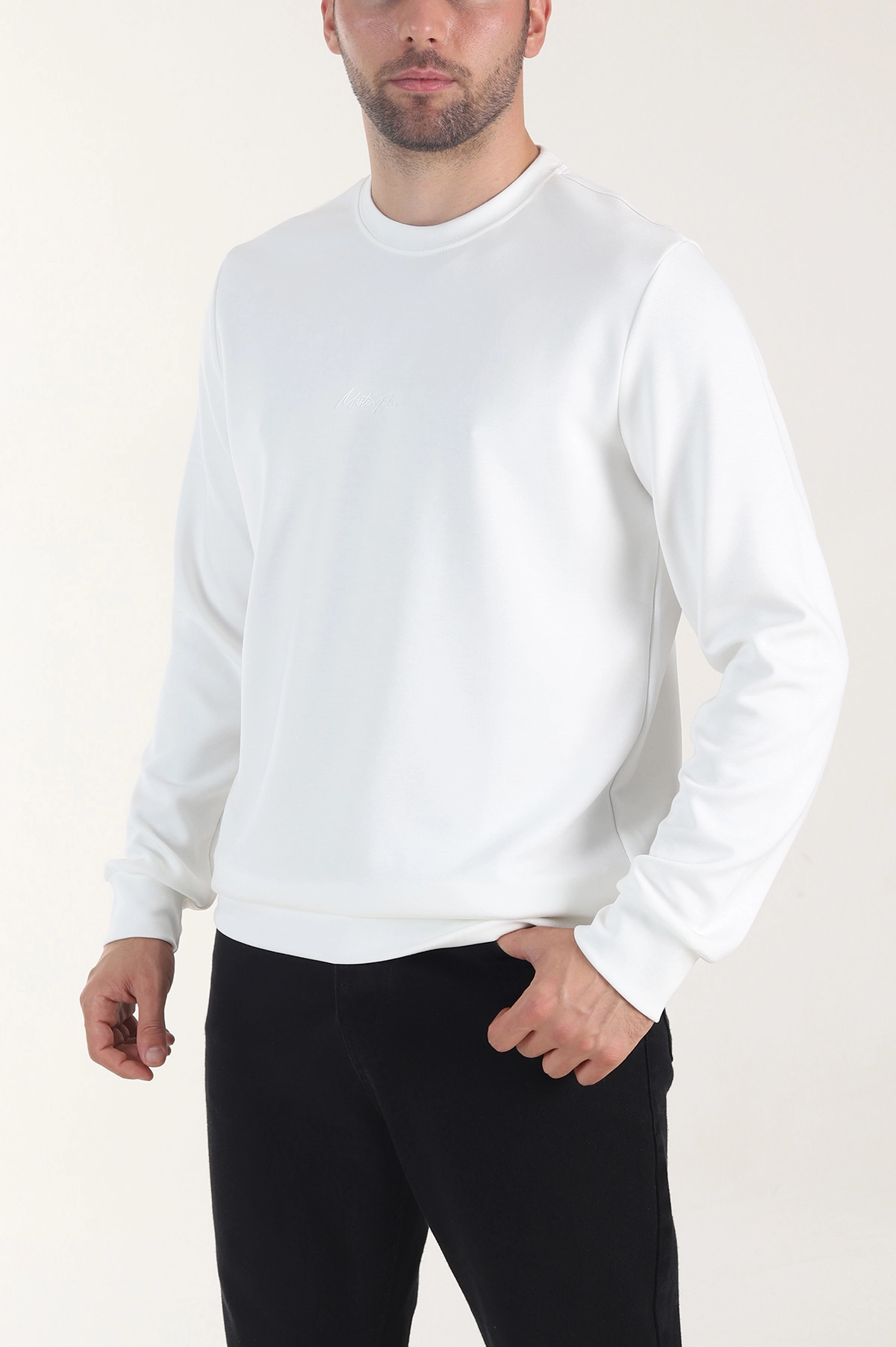 Beyaz Osyho Kumaş Yazı Detaylı Bisiklet Yaka Erkek Sweatshirt 407345
