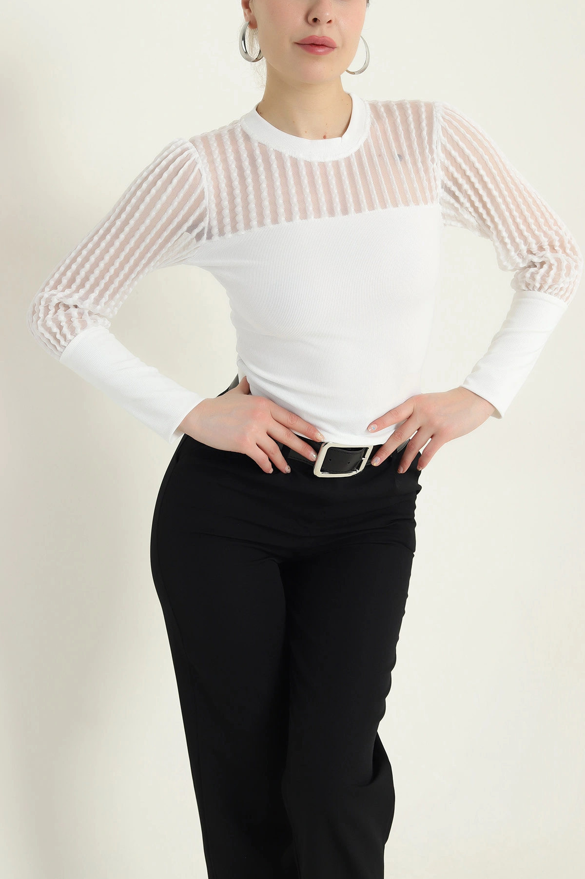 Beyaz Ottoman Likralı Kadın Bluz 437348