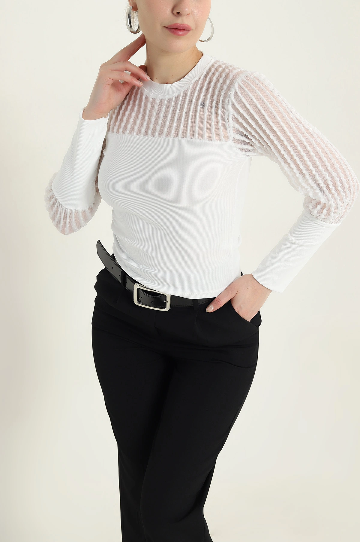 Beyaz Ottoman Likralı Kadın Bluz 437348