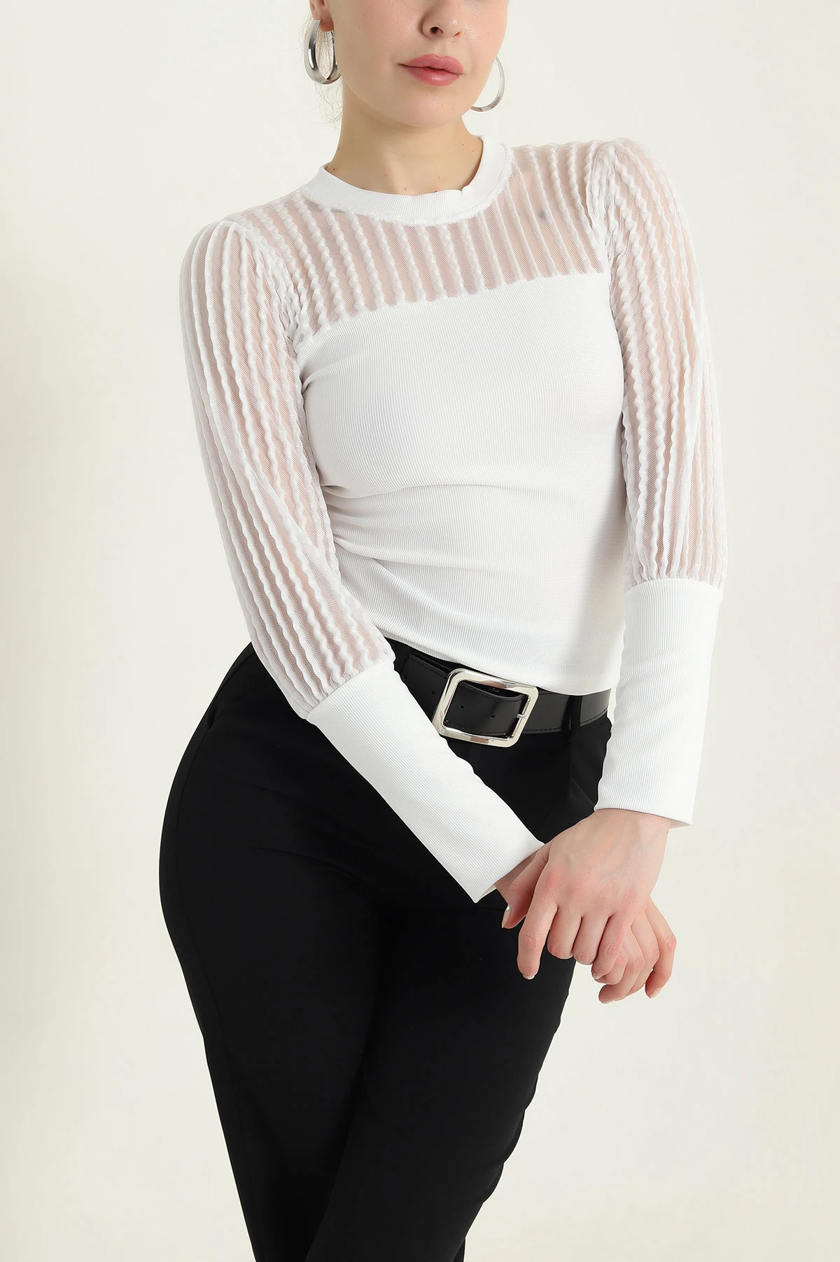 Beyaz Ottoman Likralı Kadın Bluz 437348