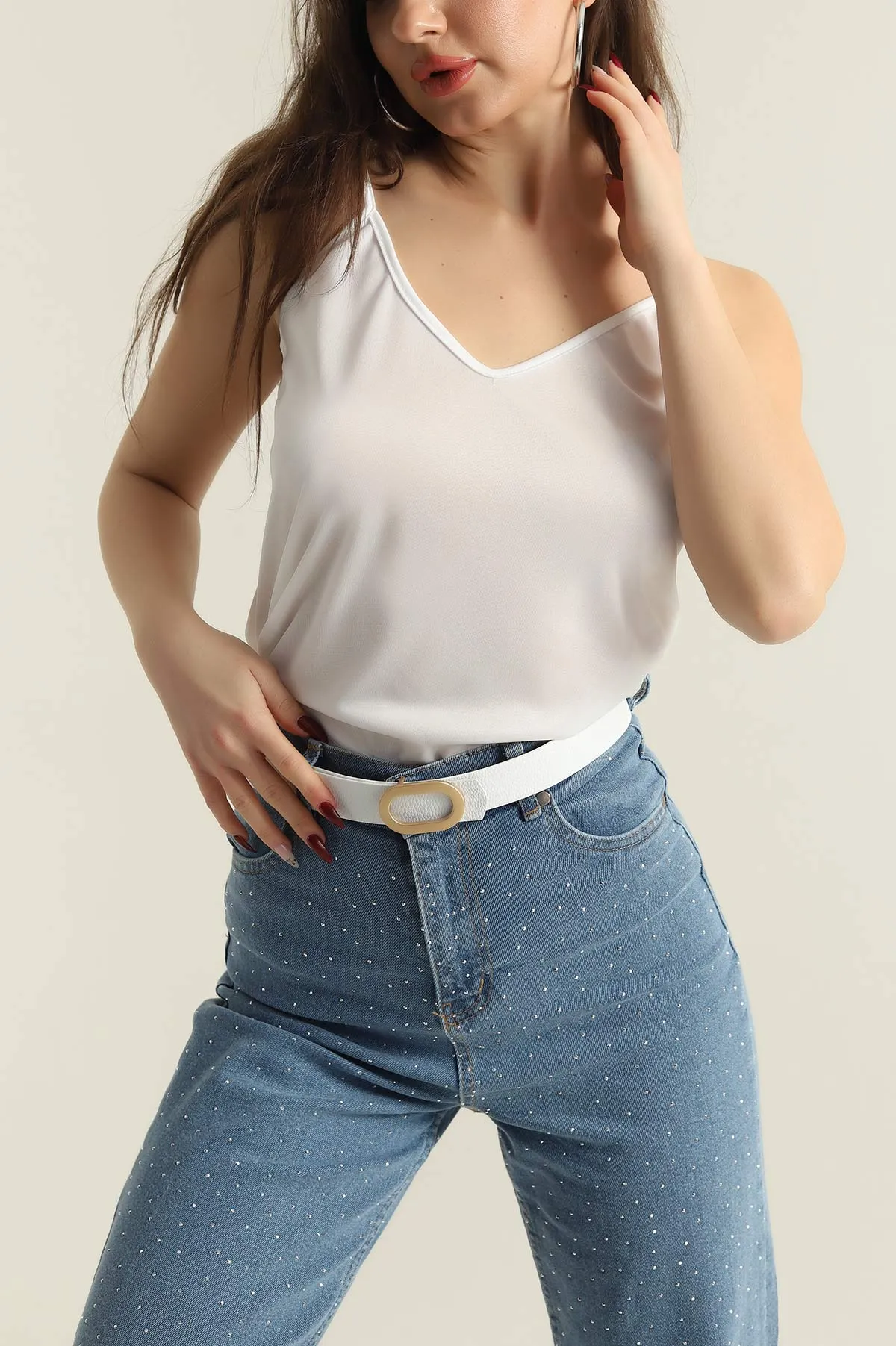 Beyaz Oval Toka Detaylı Kadın Kemer 421454
