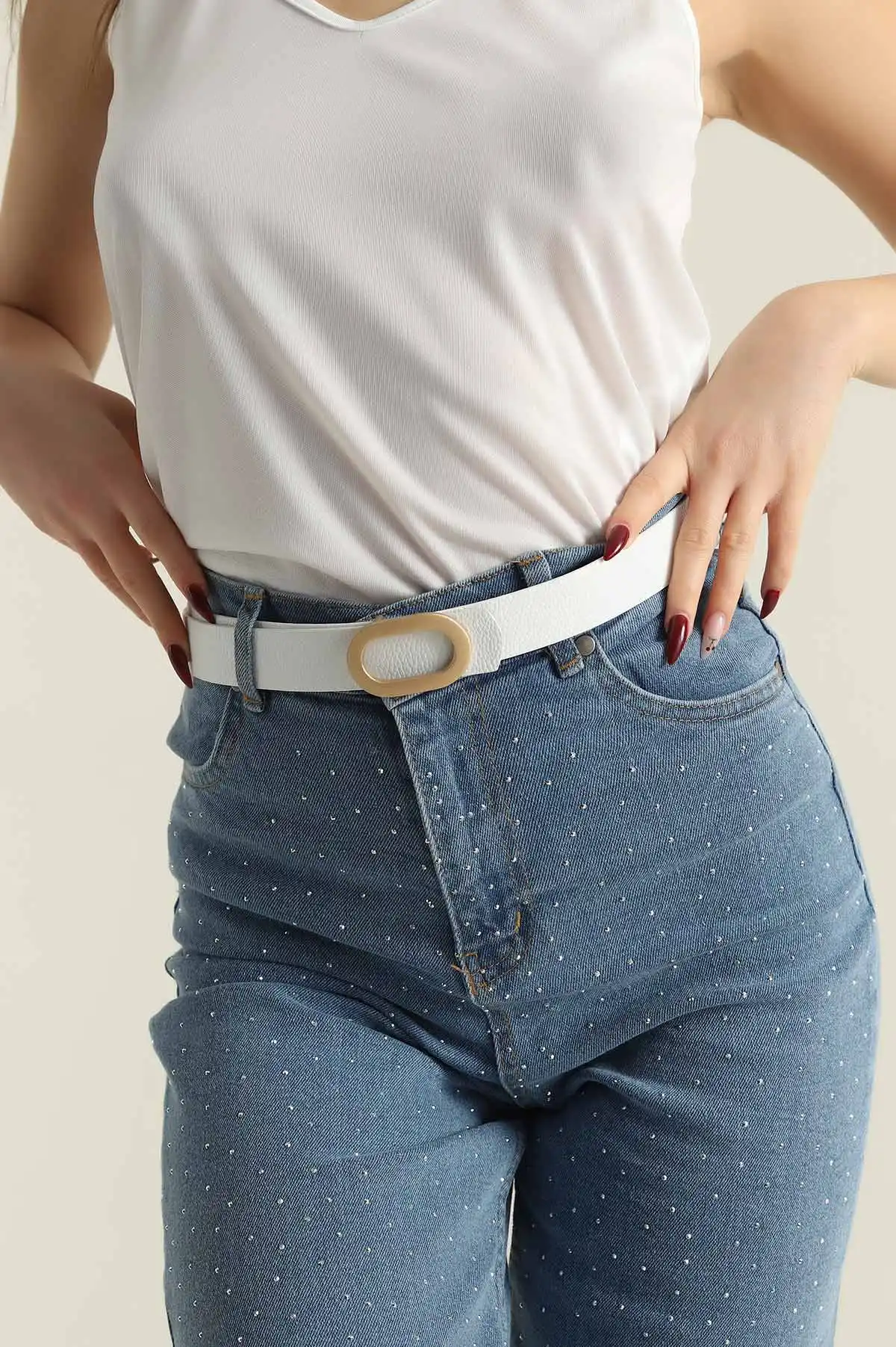 Beyaz Oval Toka Detaylı Kadın Kemer 421454