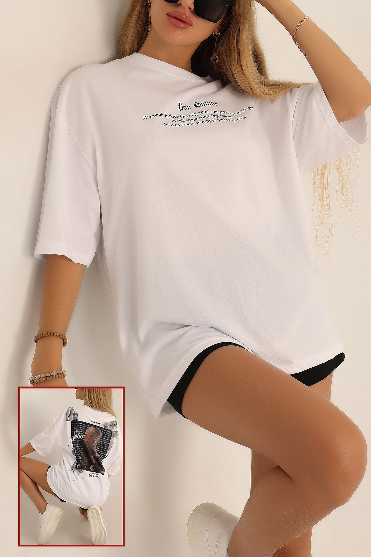 Beyaz Oversize Baskılı Bayan Tişört 193653