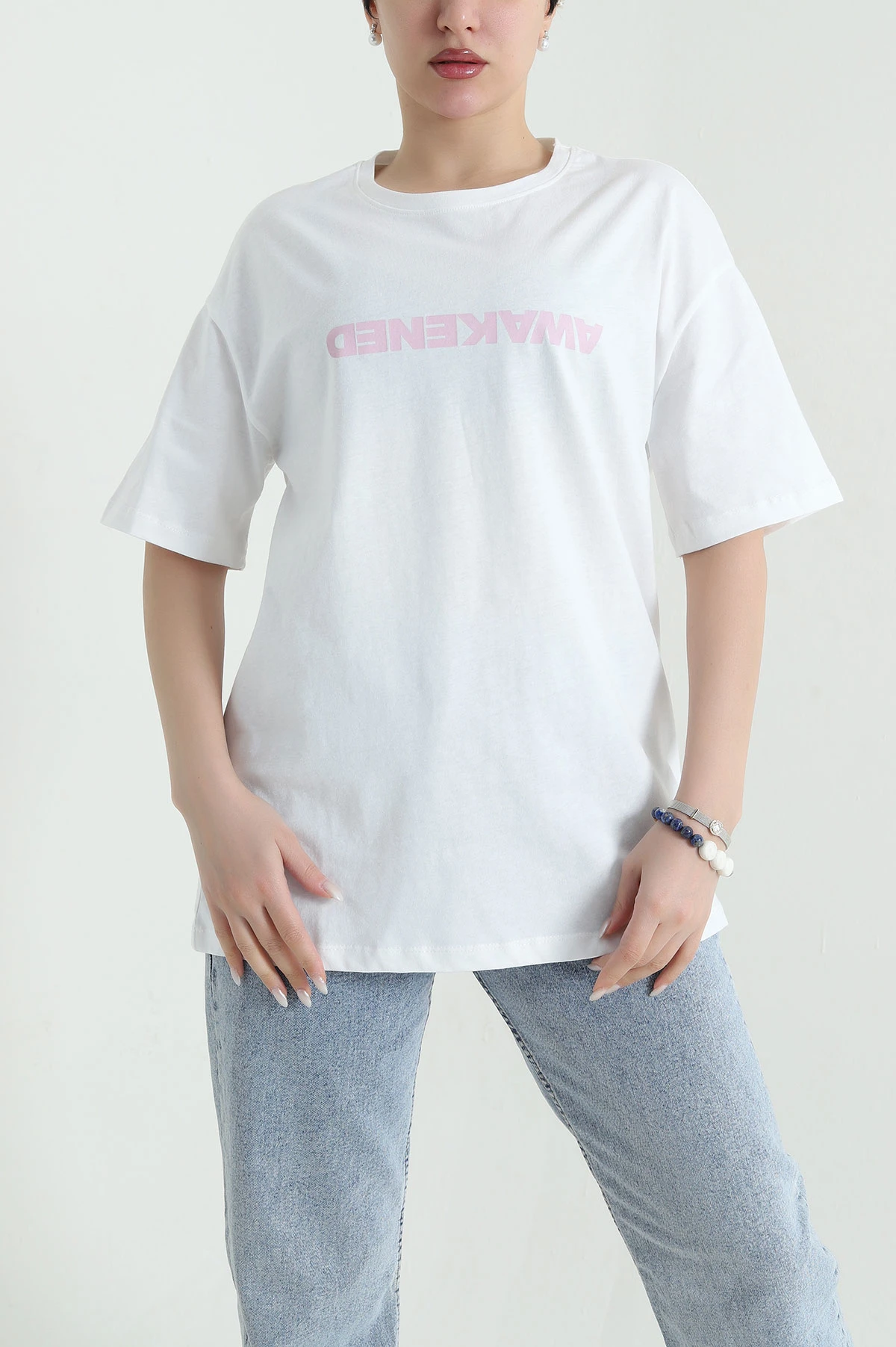 Beyaz Oversize Baskılı Süprem Kadın Tişört 448072