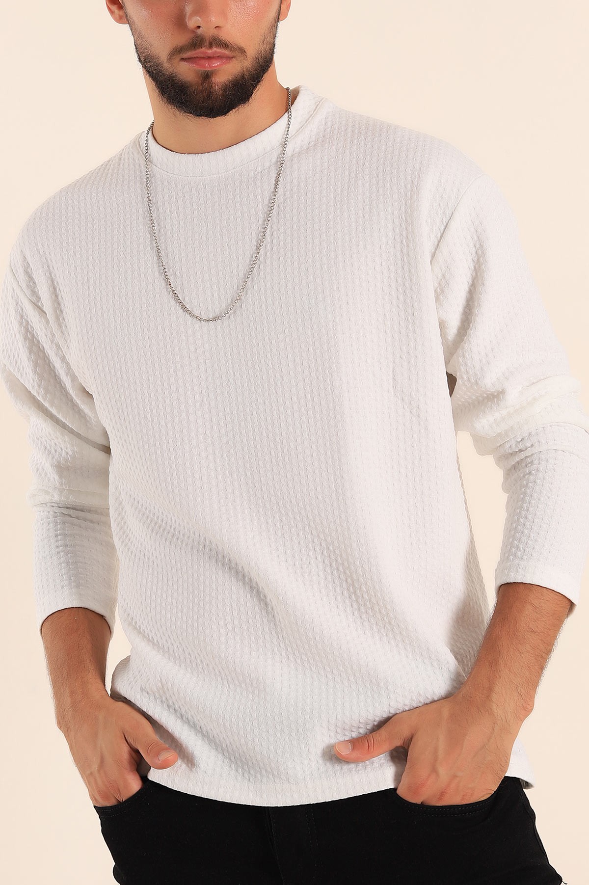 Beyaz Oversize Bisiklet Yaka Dokulu Erkek Sweat 201324