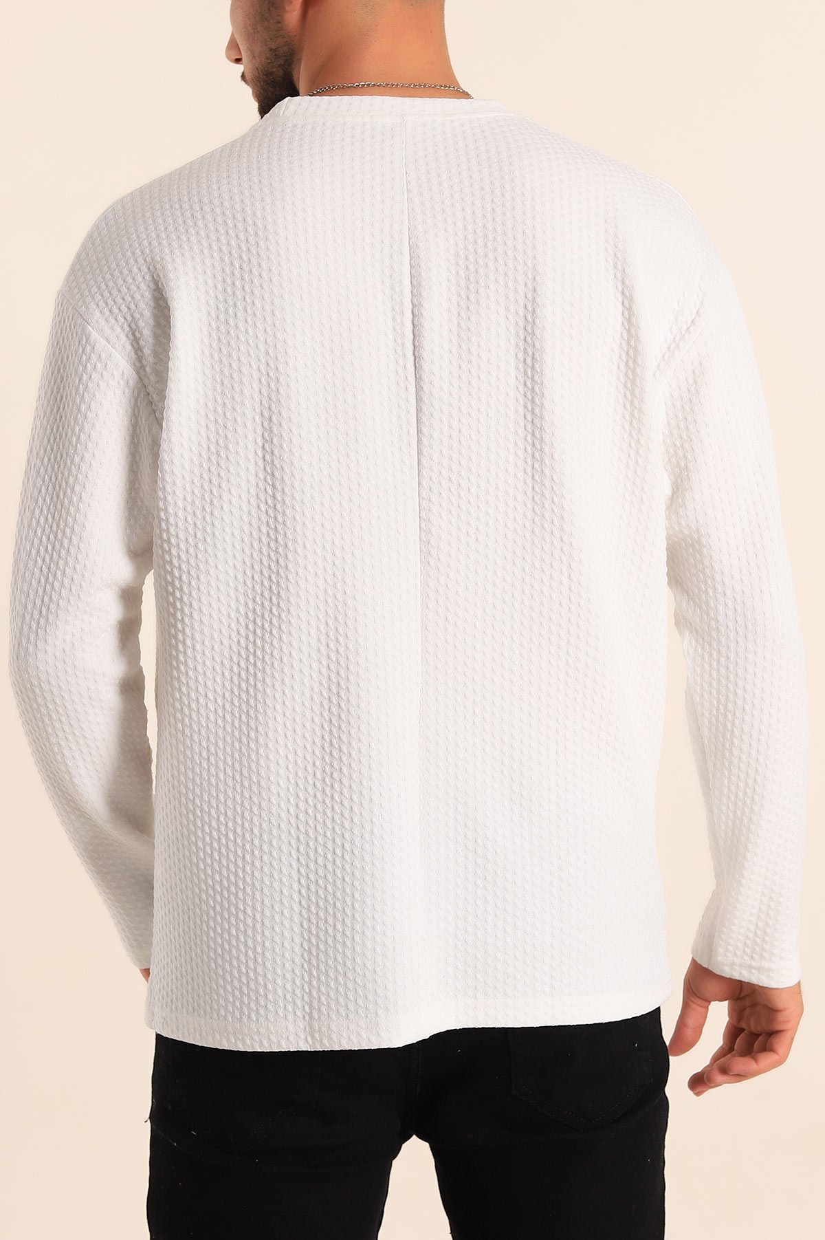 Beyaz Oversize Bisiklet Yaka Dokulu Erkek Sweat 201324