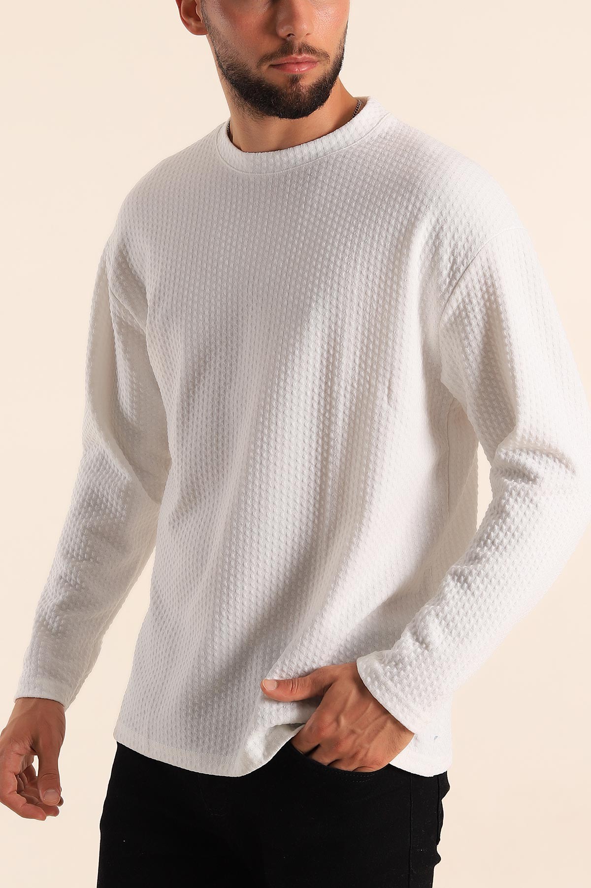 Beyaz Oversize Bisiklet Yaka Dokulu Erkek Sweat 201324