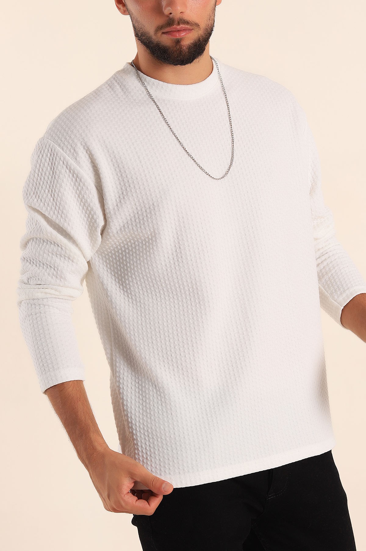 Beyaz Oversize Bisiklet Yaka Dokulu Erkek Sweat 201324