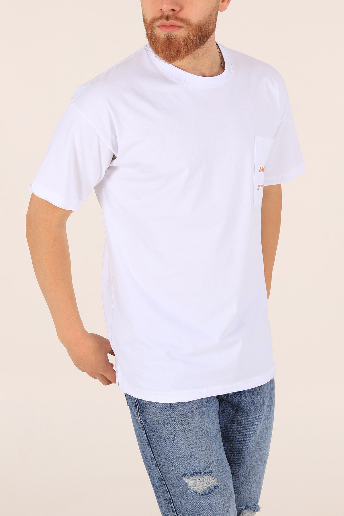 Beyaz Oversize Cep Detay Baskılı Tişört 171978