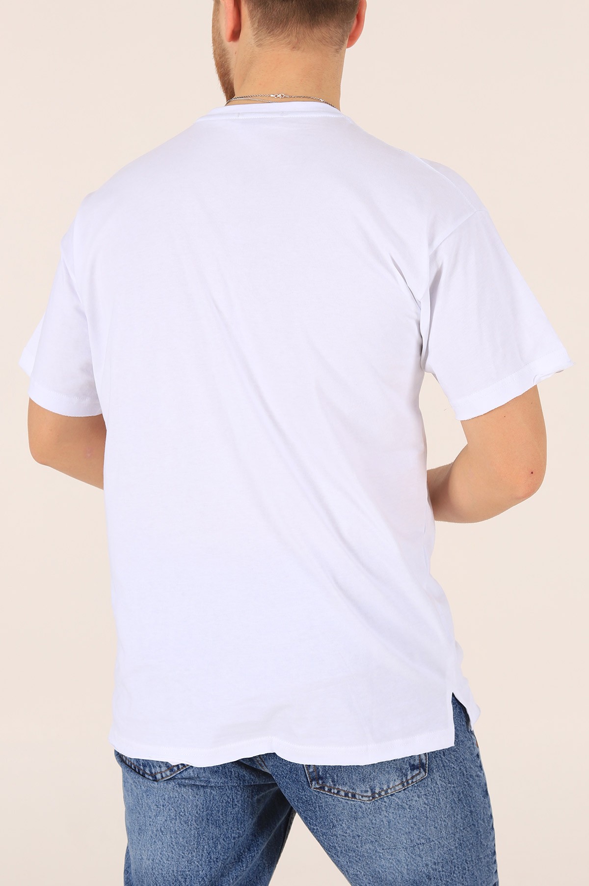 Beyaz Oversize Cep Detay Baskılı Tişört 171978