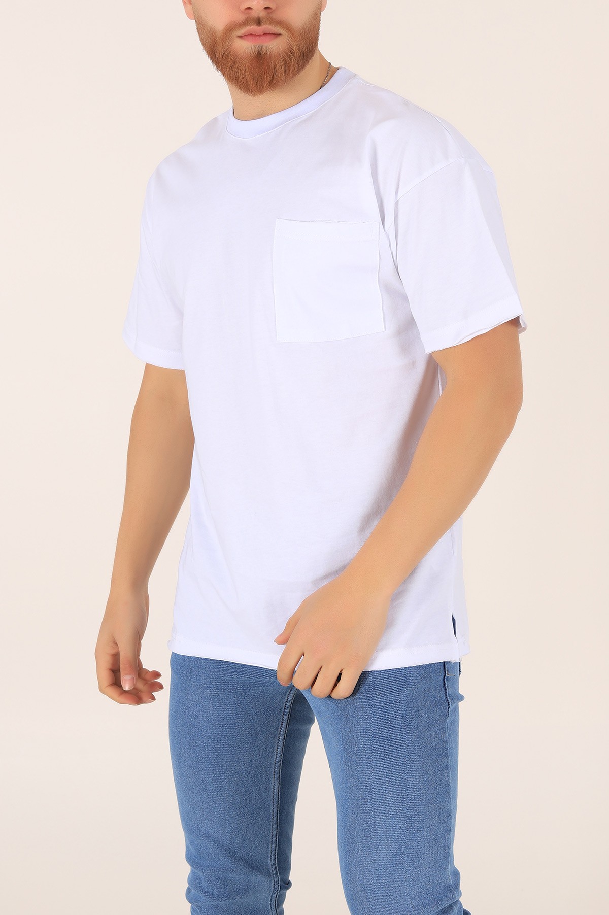 Beyaz Oversize Cep Detay Erkek Tişört 169695