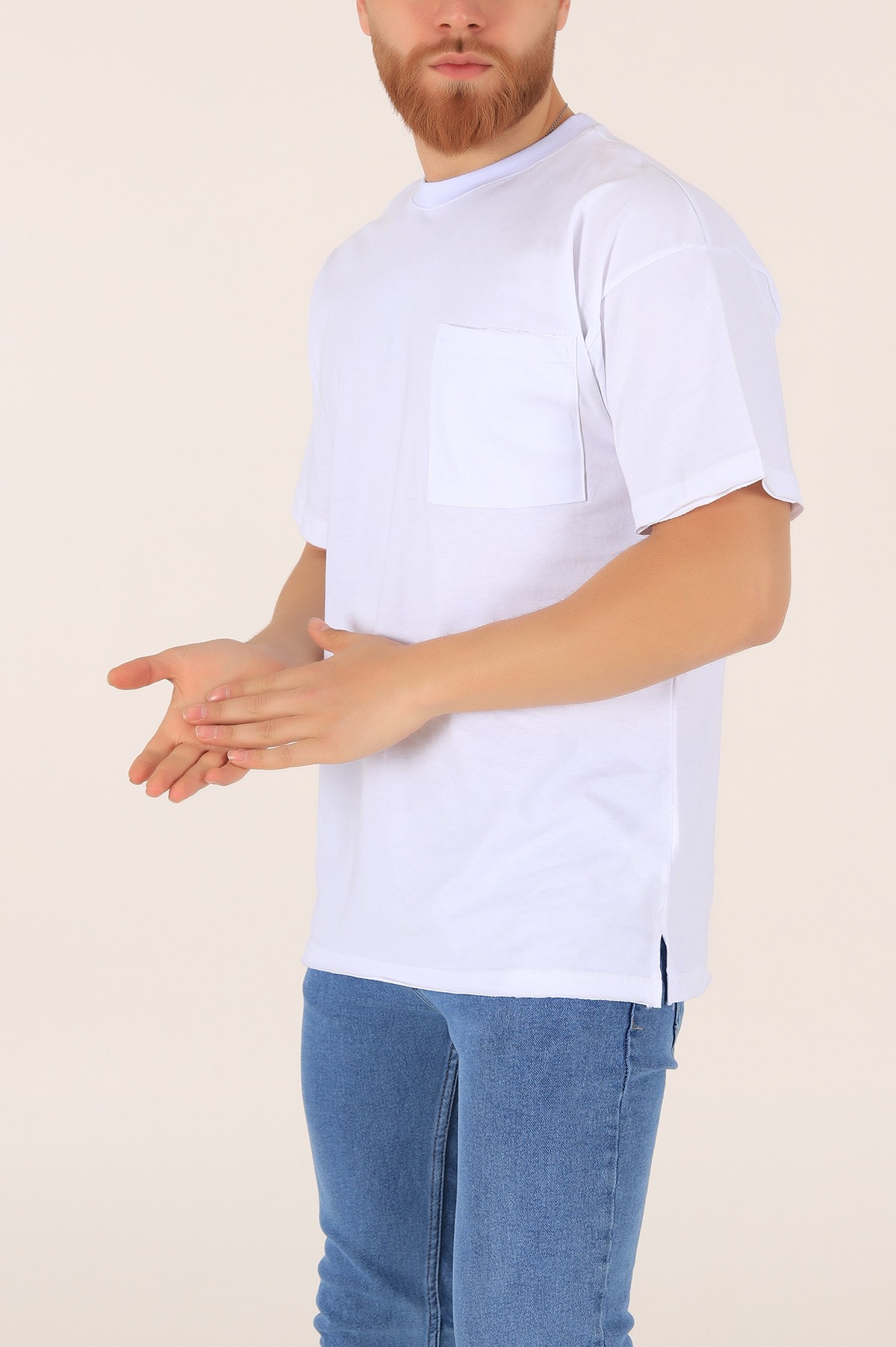 Beyaz Oversize Cep Detay Erkek Tişört 169695