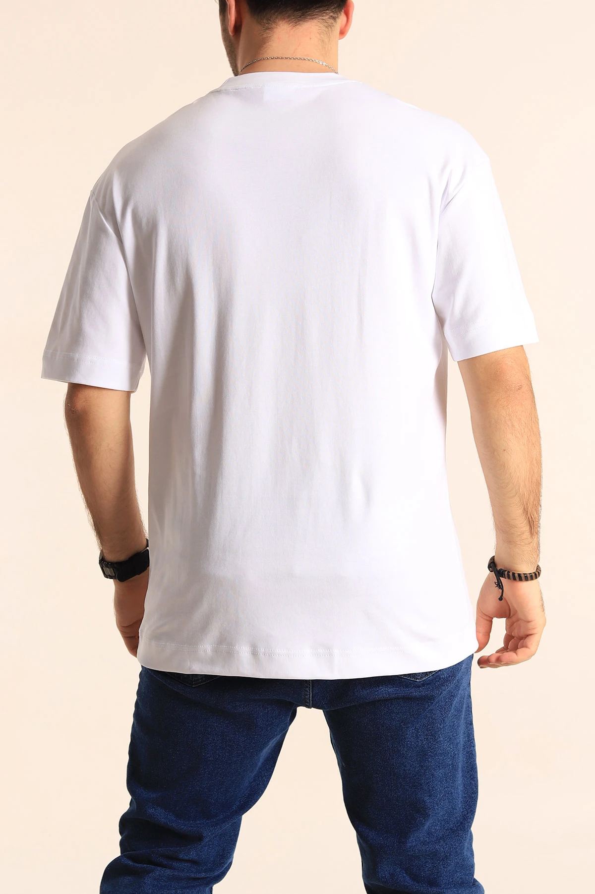 Beyaz Oversize Cep Detaylı Erkek Tişört 253321