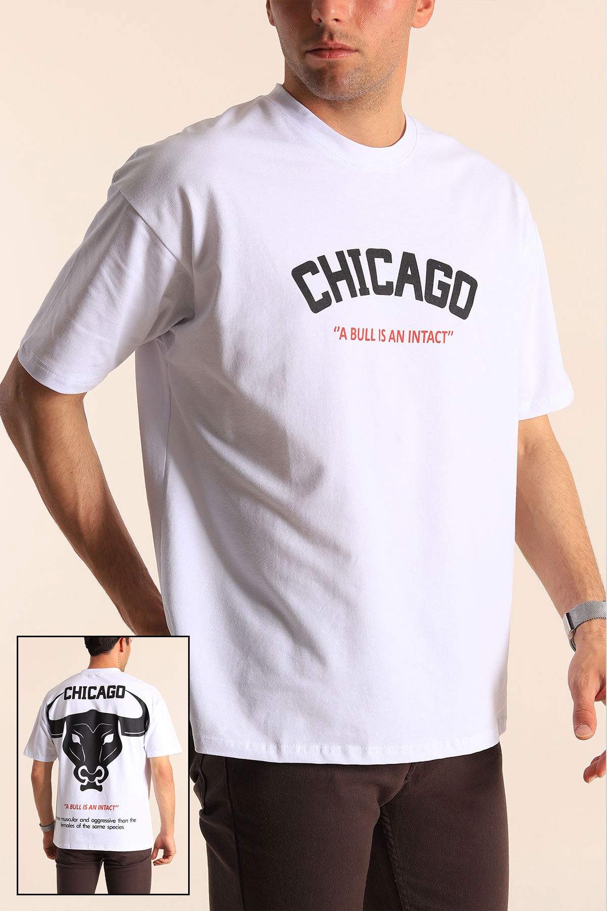 Beyaz Oversize Chicago Baskılı Erkek Tişört 181410