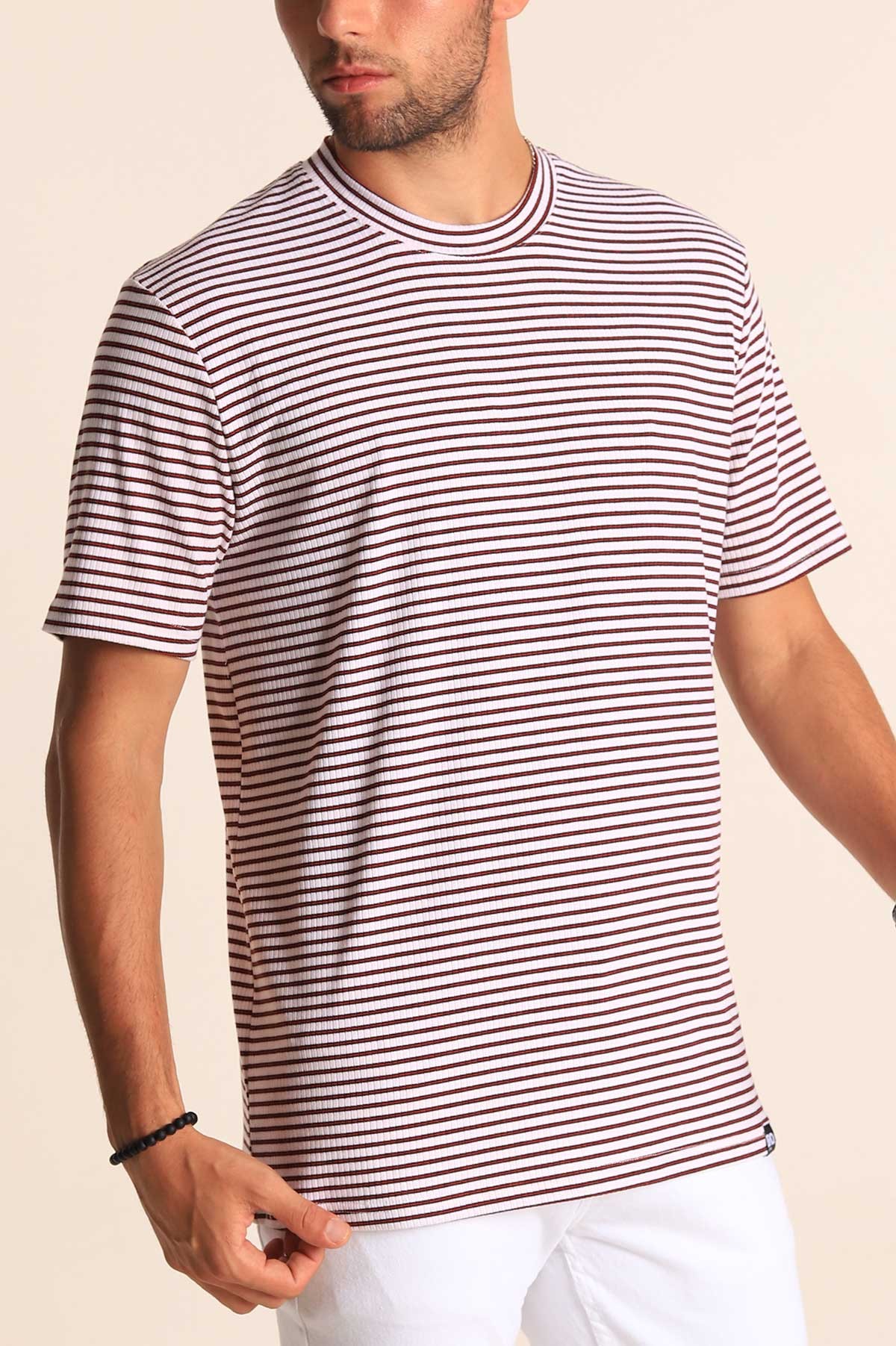 Beyaz Oversize Çizgili Örme Erkek Tişört 194578