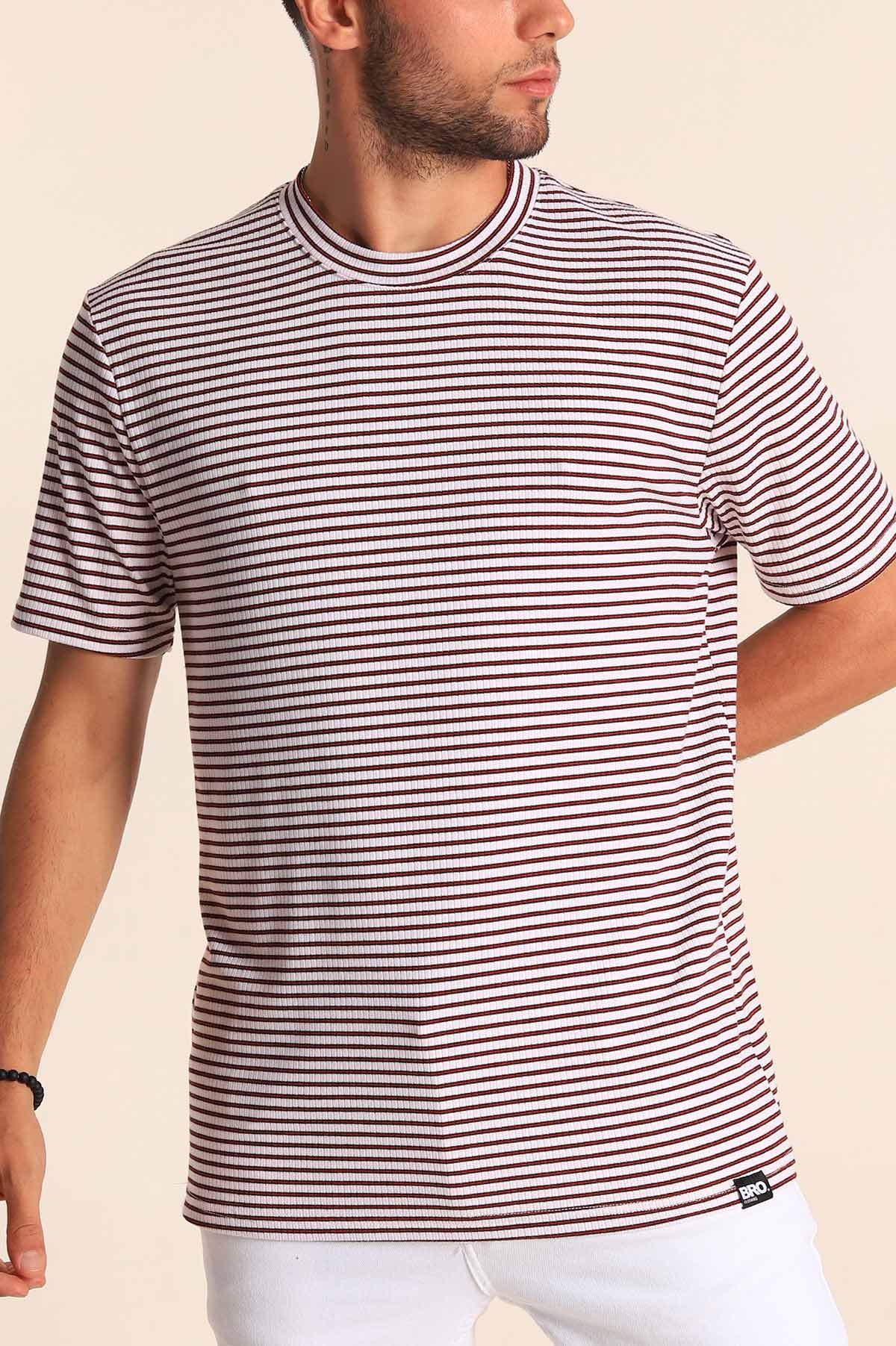 Beyaz Oversize Çizgili Örme Erkek Tişört 194578