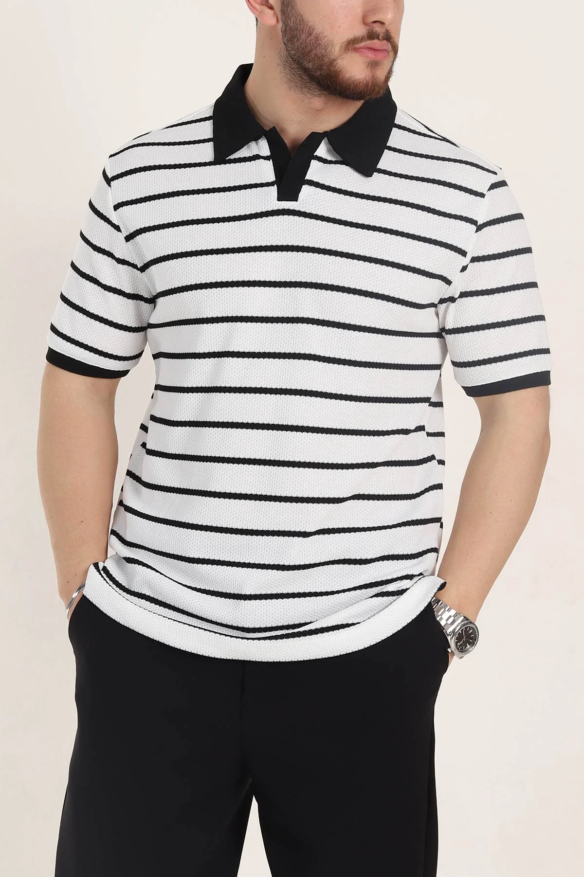 Beyaz Oversize Çizgili Petek Dokulu Polo Yaka Erkek Triko Tişört 354056
