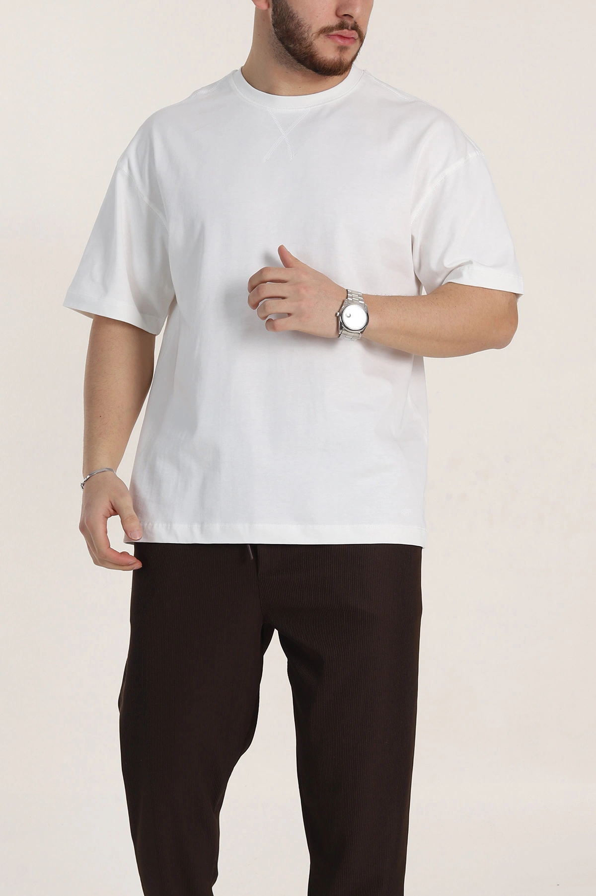 Beyaz Oversize Dikiş Detaylı Basic Erkek Tişört 348839