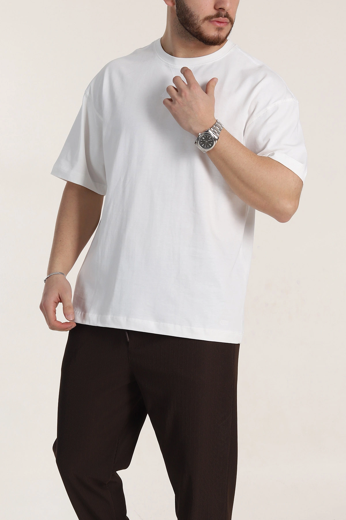Beyaz Oversize Dikiş Detaylı Basic Erkek Tişört 348839