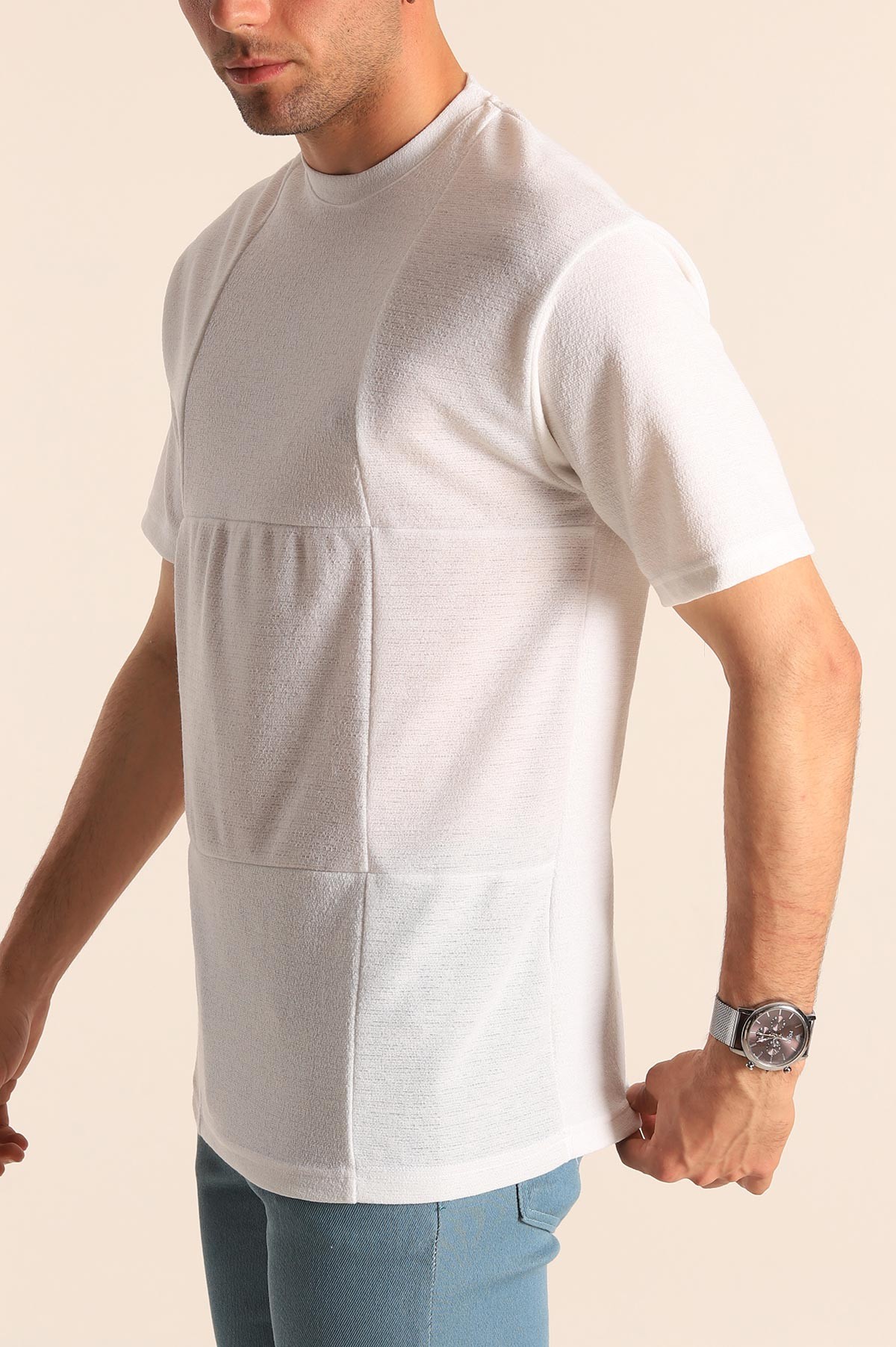 Beyaz Oversize Dikiş Detaylı Erkek Tişört 181846