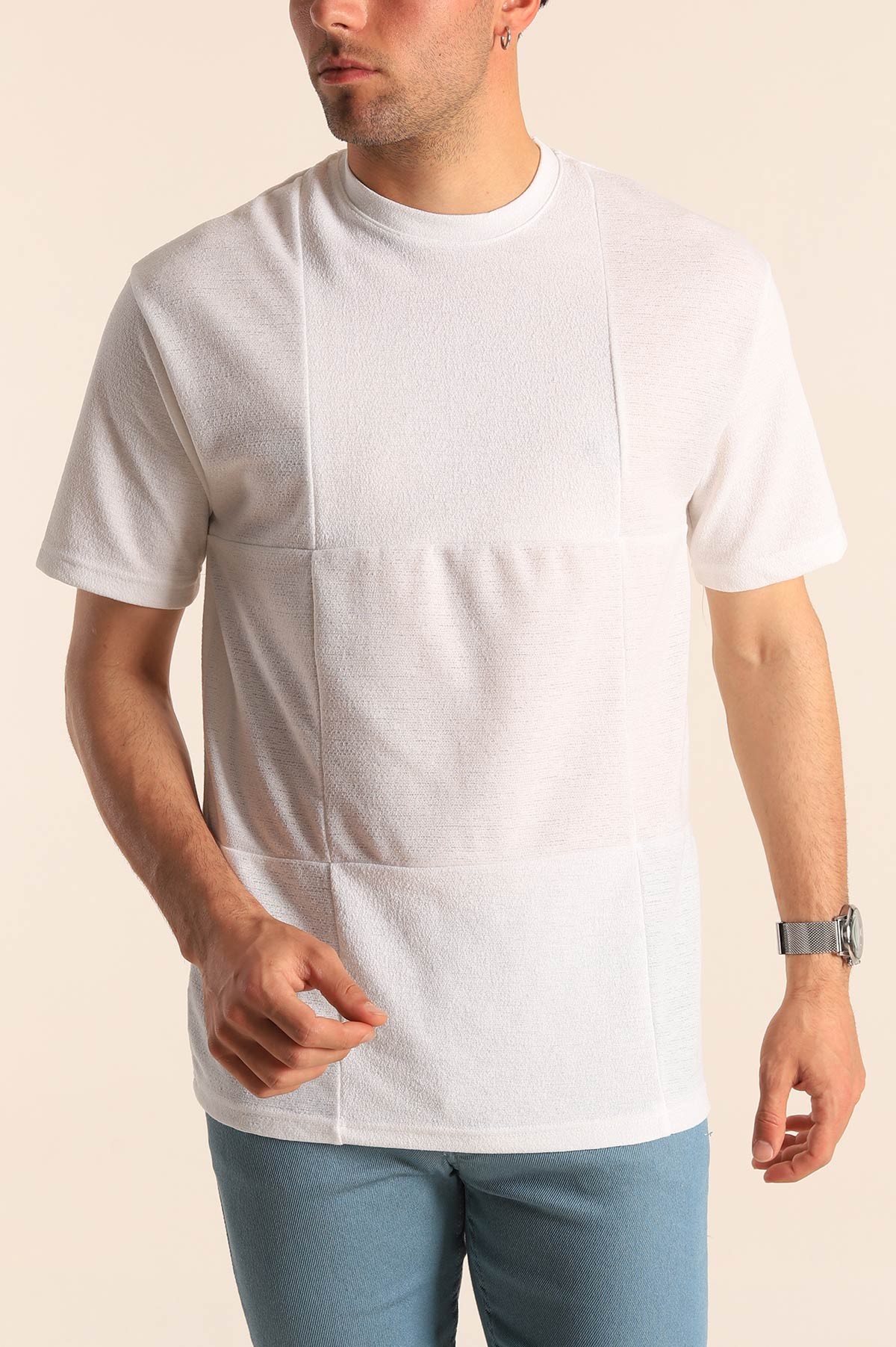 Beyaz Oversize Dikiş Detaylı Erkek Tişört 181846