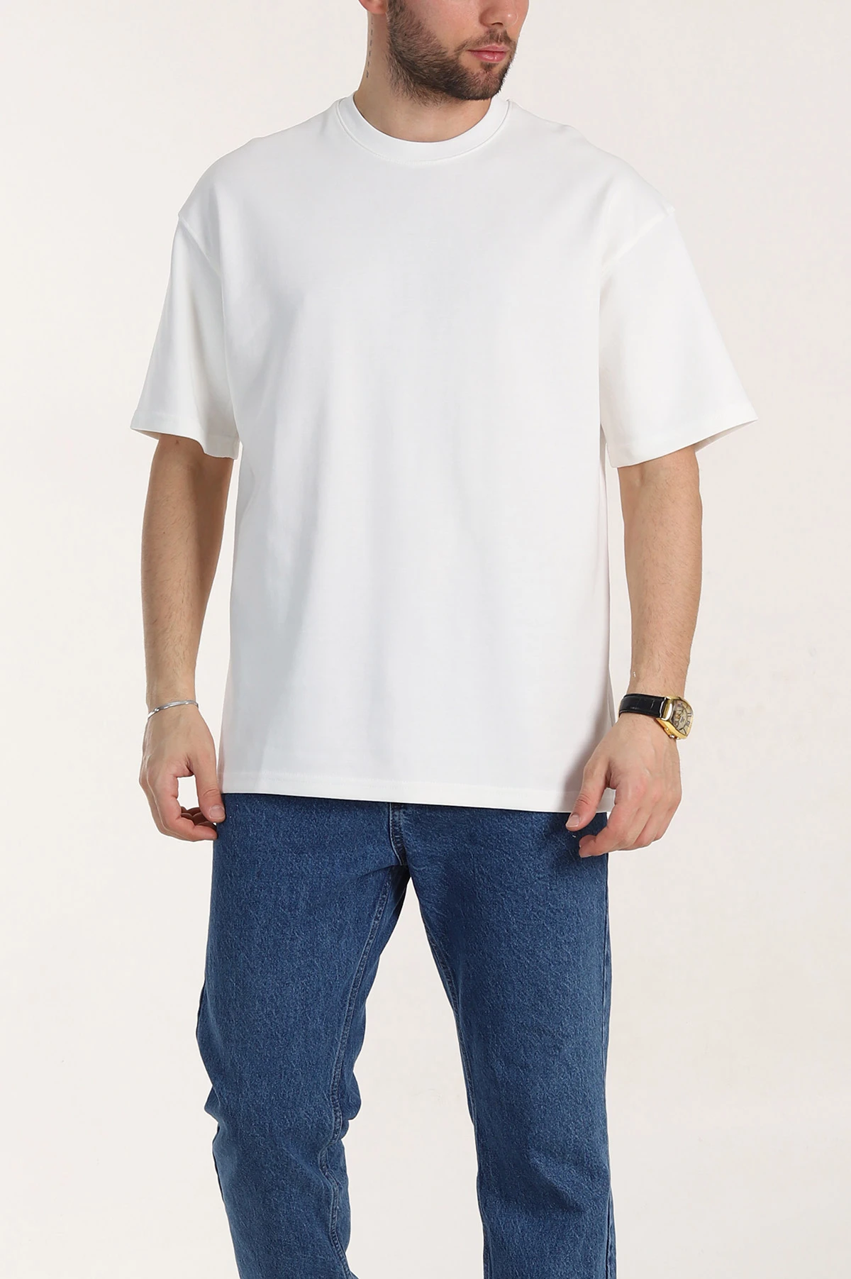 Beyaz Oversize Double Face Kumaş Basic Erkek Tişört 340531