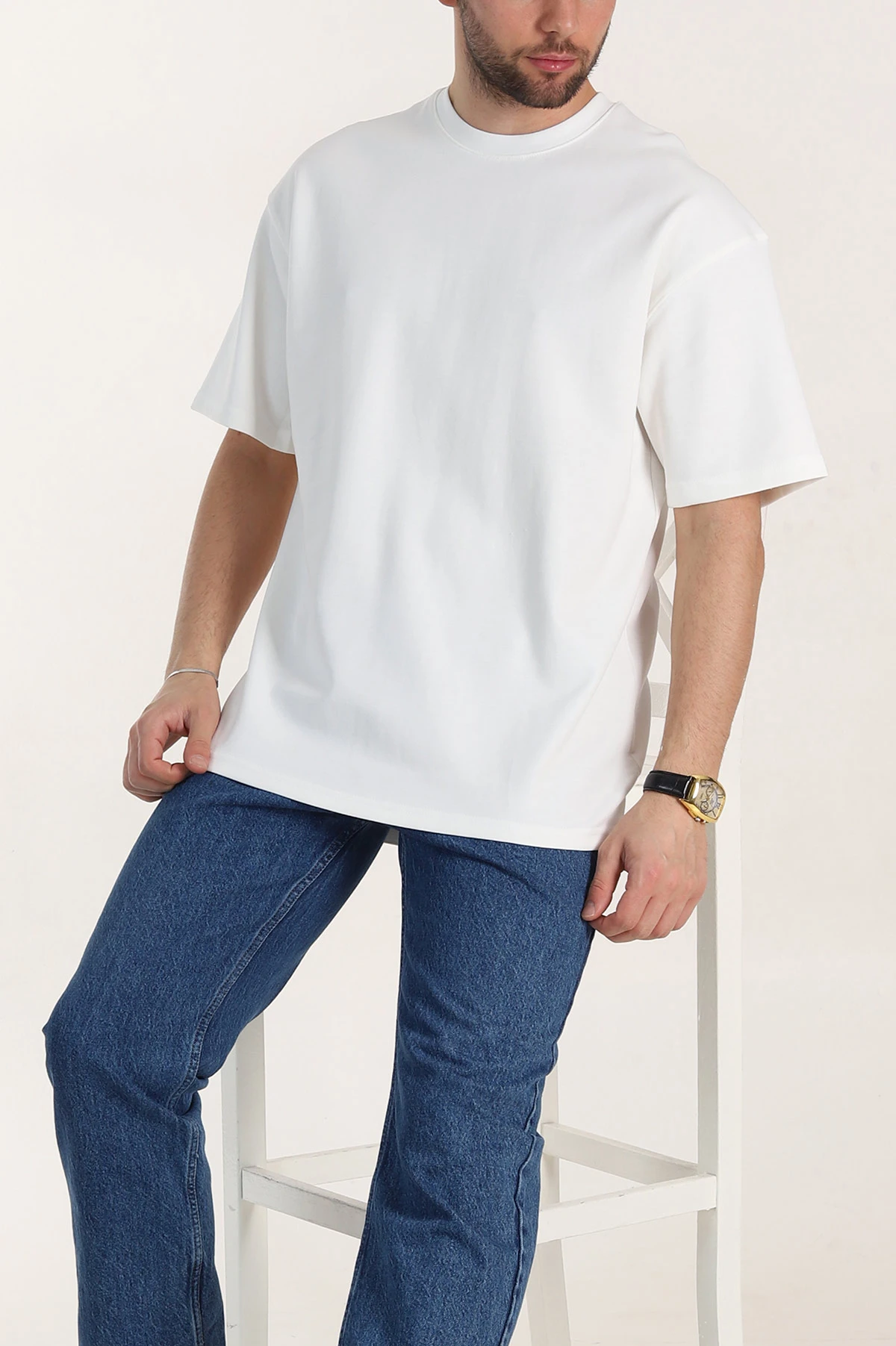 Beyaz Oversize Double Face Kumaş Basic Erkek Tişört 340531