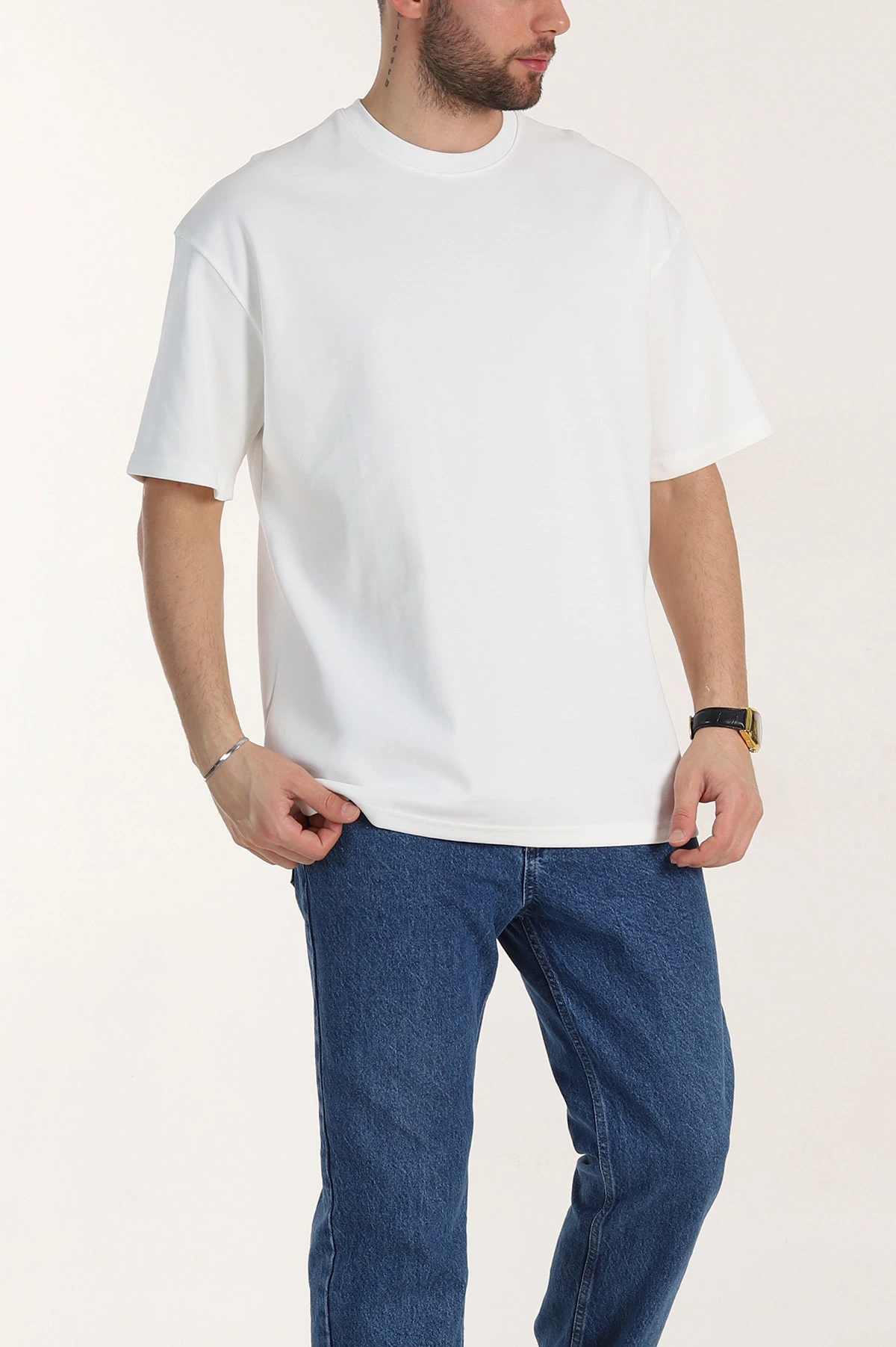 Beyaz Oversize Double Face Kumaş Basic Erkek Tişört 340531